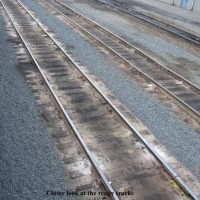 Closer look at one of the ready tracks. Notice a few things: 1) how fine the gravel is, your not walking on "normal" size ballast in here the average size rock is 1" or LESS. 2) the lack of about all the trash. 3) how the gravel is dang near even with the top of the ties.