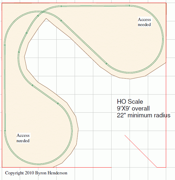 HO scale walk-in track plan in 9X9 ft., 22 in. R - RailImages.com