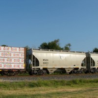 Loaded sand hopper (frac sand?) in SB freight, Muskogee, OK
