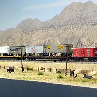 Eastbound WP TOFC train passes a cattle ranch at Wesso, Nevada