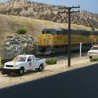UP freight passing some maintaince of way trucks near Battle Mountain, Nevada