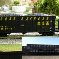 N scale custom built CSX "Coke Express" hopper. The small pic is the reference I used to build this hopper, in all I will make six of these. Notice how much taller the hopper is compared to a 90 ton hopper on the right.