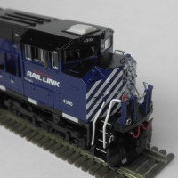 Kato SD70ACe MRL 4300.  Used Model Masters acryl "Blue Angel Blue". Used Trainworx SD70ACe/M-2 detail set and BLMA grab irons.  Moved Headlight to the nose, shaved off number board backing to make more correct, removed smaller GPS dome and lowered rear headlight.  Rear of underframe was milled to make rear grills see-through.