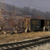 Grounded boxcar, trees and junk.
