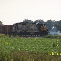 A CSX ballast train is tied down on the main.