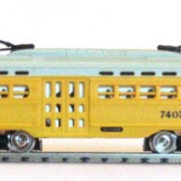 And now, Bachmann N-scale PCC trolley after modification (virtual for now).  I'm not basing this exactly on the specs for double-ended PCC trolleys, but since there were a fair number of modified PCCs out there, I'll just say that that's how the trolley shop built it.