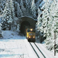Tunnel 7 WP in snow, with westbound manifest