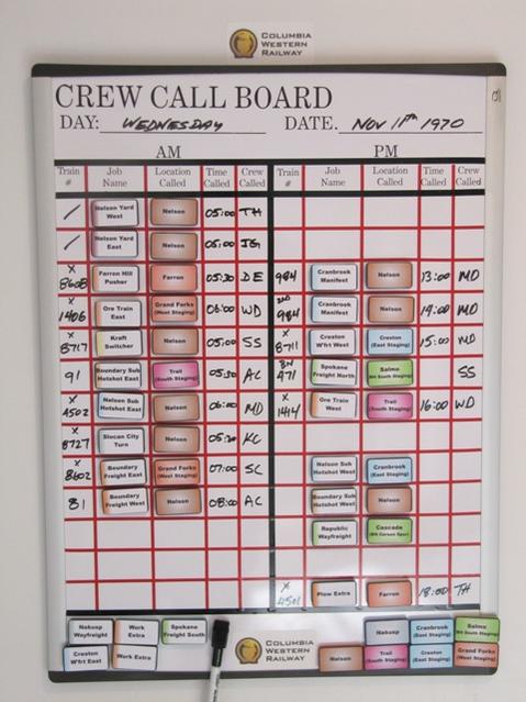 C&W crew call board mounted on the door to the layout room from the "crew lounge"/dispatcher's office.
